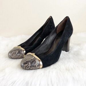 Tory Burch Pacey Black Suede Snake Print Block Pump Heels Women Size 8
